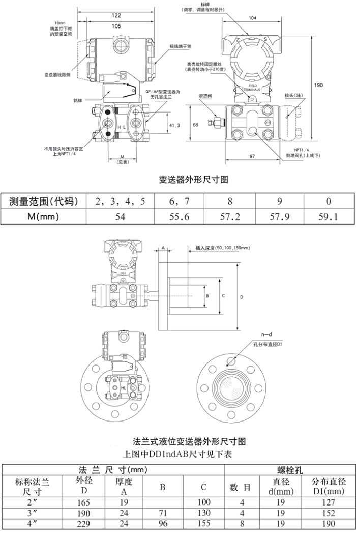 排污口差壓液位變送器規格尺寸表