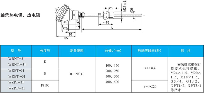 電站測溫專用熱電偶軸承規格表