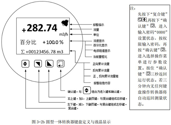 污水流量計量表圓型一體轉換器鍵盤定義與液晶顯示